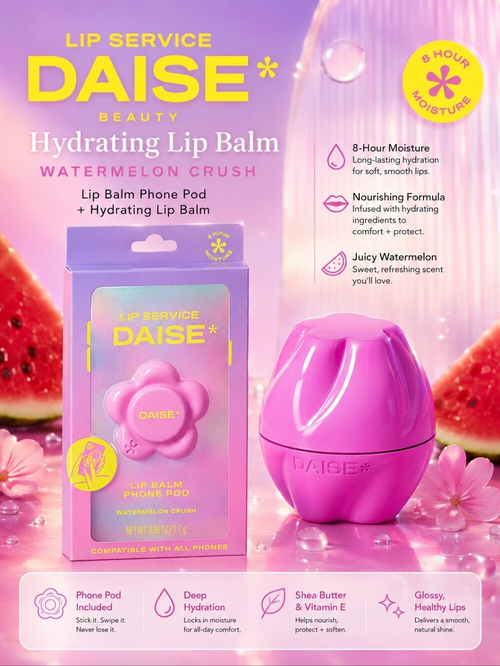 DAISE Lip Service Lip Balm Phone Pod - Watermelon Crush + Bonus Lip Balm